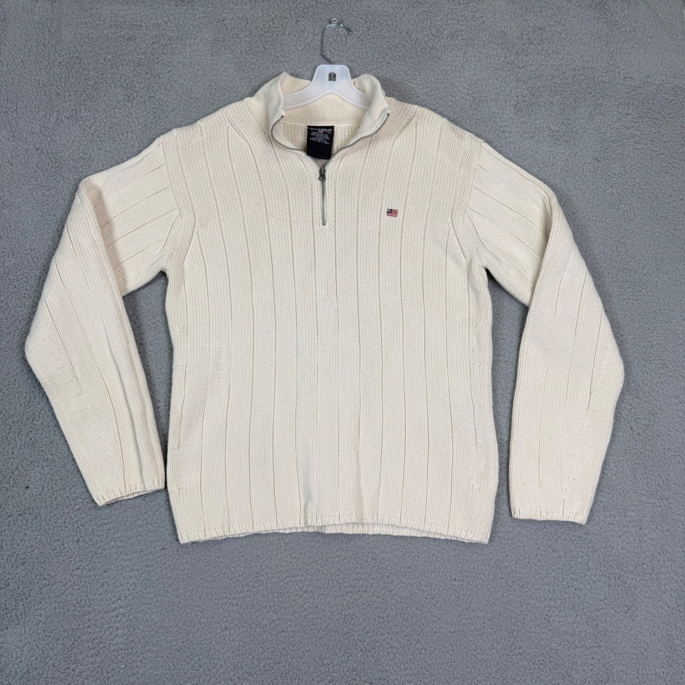 Polo Jeans Co Ralph Lauren Mens Large Cream Ribbed Quarter Zip Cotton Sweater